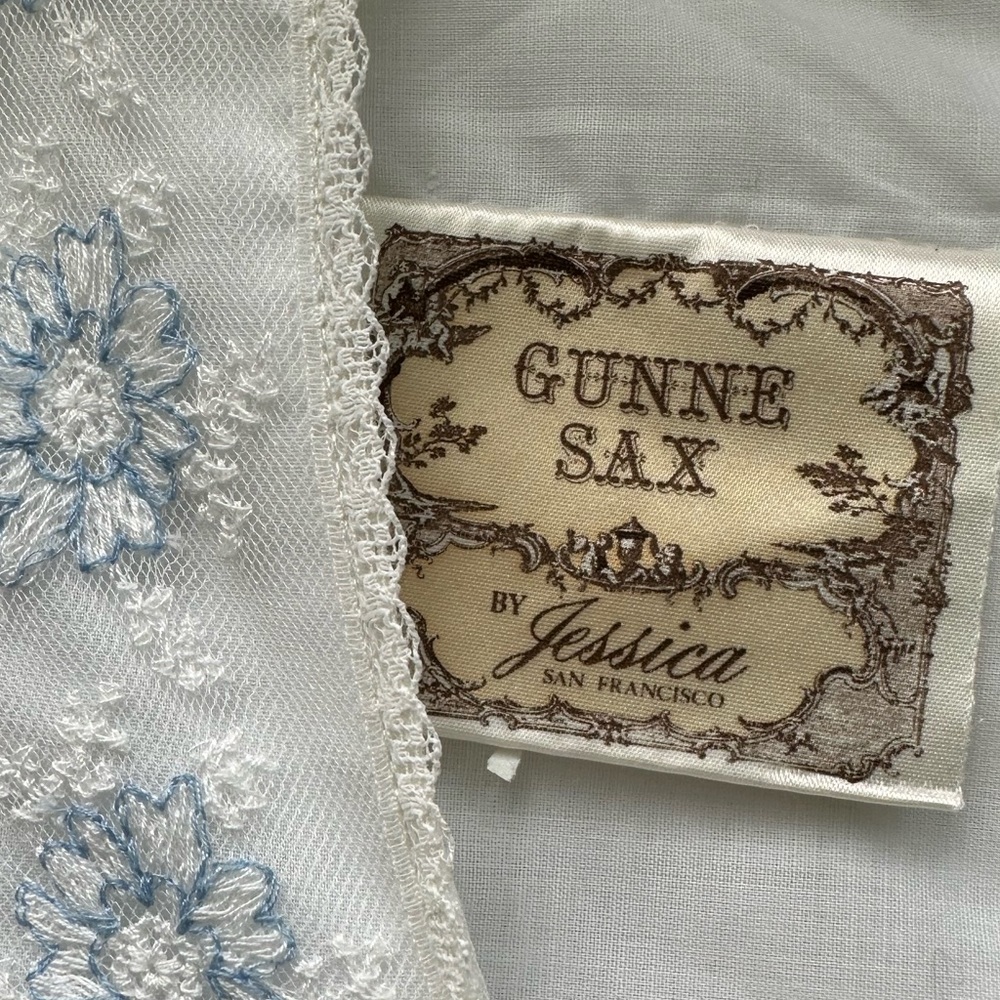 Gunne Sax White Maxi Dress with Light Blue Embroidery